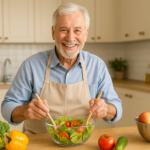 Hombre adulto mayor sonriente preparando una ensalada con vegetales frescos en una cocina moderna