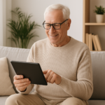 Adulto mayor sentado en un sofá usando una tableta digital en un ambiente hogareño luminoso