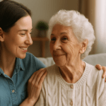 Mujer joven cuidando con ternura a una adulta mayor en su hogar