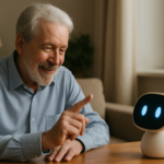 Hombre mayor interactuando con un robot asistente de inteligencia artificial en su hogar