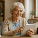 Mujer adulta mayor sonriendo mientras usa una tablet junto a un asistente virtual en su hogar, representando los beneficios de la inteligencia artificial para personas mayores.