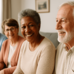 Cuatro adultos mayores conversando alegremente en una sala iluminada por luz natural, reflejando bienestar y comunidad en la tercera edad.