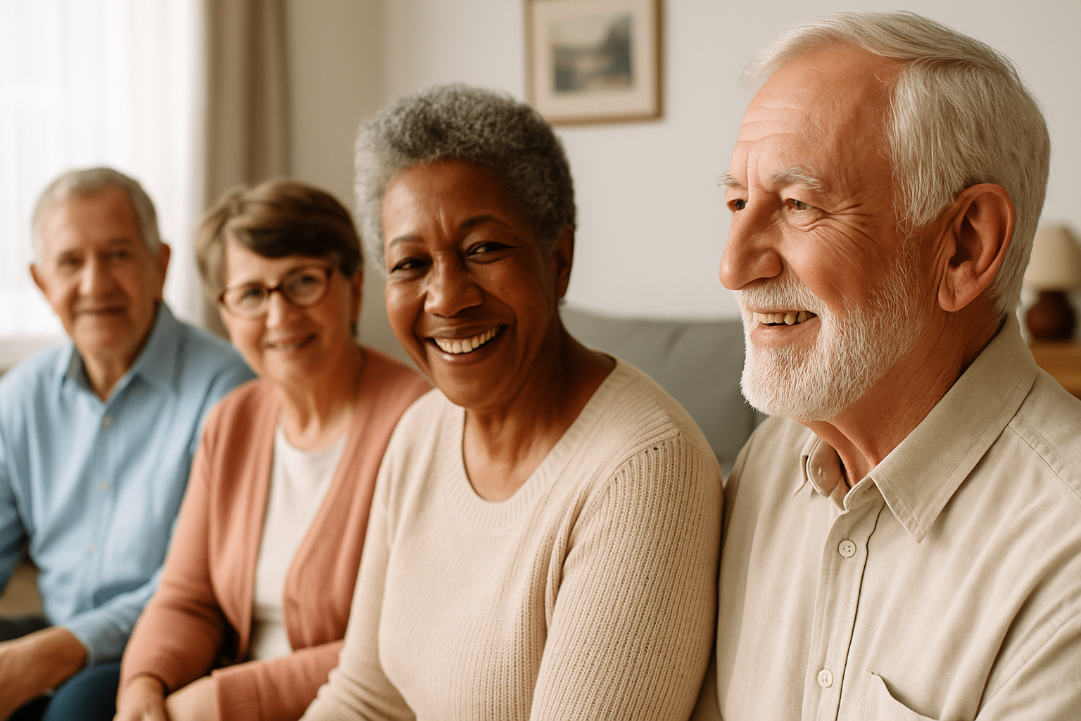 Cuatro adultos mayores conversando alegremente en una sala iluminada por luz natural, reflejando bienestar y comunidad en la tercera edad.
